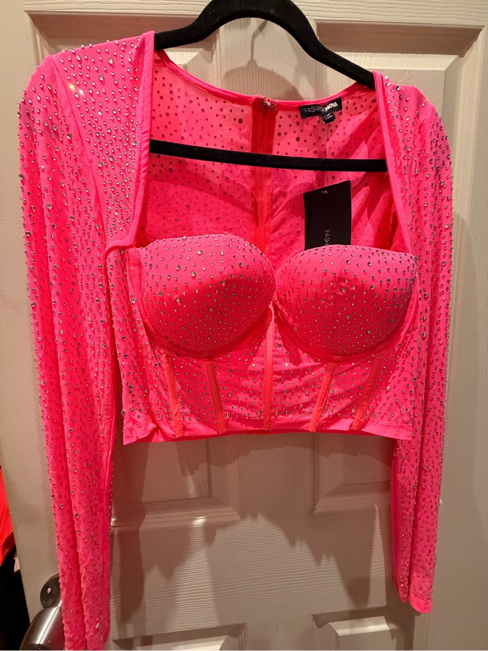 Fashion Nova Neon Pink Rhinestone Long Sleeve Bustier Top